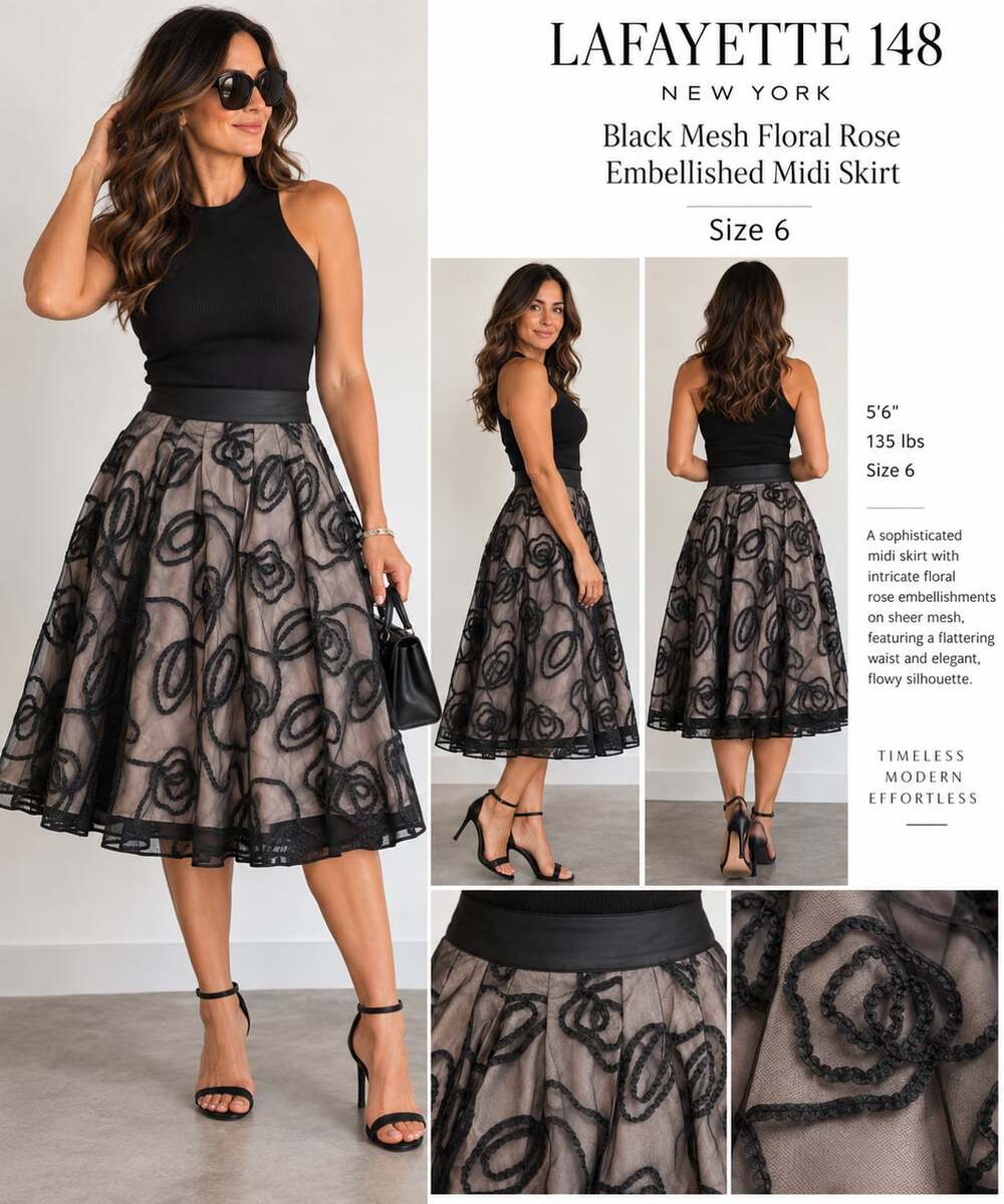 Lafayette 148 Black Mesh Floral Rose Embellished MidiSize 6